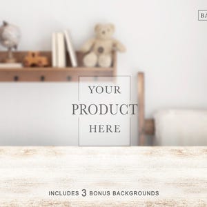 May include: A digital photography backdrop featuring a light-colored wooden table surface in the foreground with a blurred shelf containing a potted plant, a globe, a toy car, books, and a teddy bear, with the text YOUR PRODUCT HERE in the center.