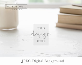 Modern Bright White Table Mockup | Table Background Mockup | Background Table Mock up | Jar Candle and Stack of Books Stock Photo