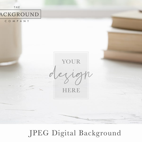 Modern Bright White Table Mockup | Table Background Mockup | Background Table Mock up | Jar Candle and Stack of Books Stock Photo