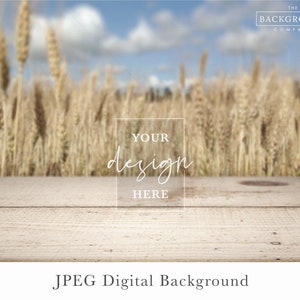 May include: A digital background featuring a light-colored wooden surface in the foreground with a blurred wheat field and blue sky in the background. The image contains the text "YOUR design HERE" in a white box and "THE BACKGROUND COMPANY" logo.