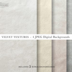 Puede incluir: Cuatro fondos digitales con texturas de terciopelo en tonos blanco, crema, rosa claro y gris. La imagen incluye el texto THE BACKGROUND COMPANY, VELVET TEXTURES - 4 JPEG Digital Backgrounds y INCLUDES 3 BONUS BACKGROUNDS.