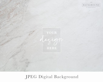 Puede incluir: Un fondo digital con una textura de mármol blanco y vetas grises sutiles. La imagen incluye un marco rectangular blanco central con el texto "YOUR design HERE" y un logotipo en la esquina superior derecha "THE BACKGROUND COMPANY".