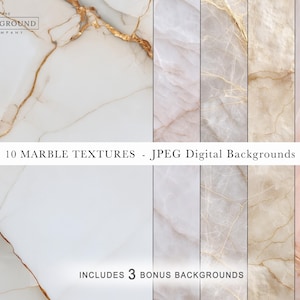 May include: A collection of 10 marble textures and 3 bonus backgrounds in JPEG format. The digital files feature various white, beige, and soft pink stone patterns with gold veining. The text reads THE BACKGROUND COMPANY and 10 MARBLE TEXTURES.