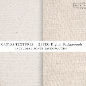 Può includere: Immagine di un prodotto digitale con quattro texture di tela nei toni bianco sporco e beige. Il testo "CANVAS TEXTURES - 2 JPEG Digital Backgrounds" e "INCLUDES 3 BONUS BACKGROUNDS" è visualizzato su uno striscione bianco. Il logo The Background Company si trova in alto a destra.