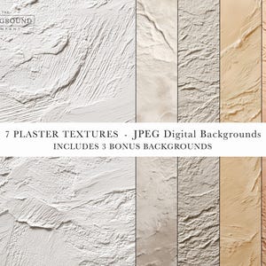May include: A collection of seven plaster textures presented as JPEG digital backgrounds, featuring various shades of white, beige, and tan with visible brushstroke patterns and rough, uneven surfaces. The text reads 7 PLASTER TEXTURES - JPEG Digital Backgrounds INCLUDES 3 BONUS BACKGROUNDS.