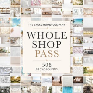May include: A digital collage of 508 diverse photography backdrops featuring various indoor and outdoor scenes, centred by a cream-coloured square with the text THE BACKGROUND COMPANY WHOLE SHOP PASS 508 BACKGROUNDS in black and gold lettering.