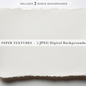 Puede incluir: Una hoja rectangular de papel color blanco hueso con bordes irregulares y una superficie texturizada. El texto INCLUDES 3 BONUS BACKGROUNDS aparece en la parte superior, y PAPER TEXTURES - 5 JPEG Digital Backgrounds está impreso en el centro.