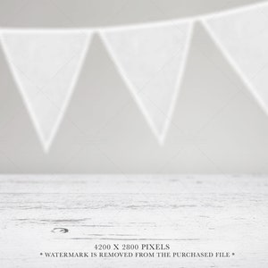 May include: A white wooden surface with a weathered texture sits in the foreground. In the background, a series of white triangular bunting flags are suspended in a row against a plain, light gray wall. The text 4200 X 2800 PIXELS is visible.