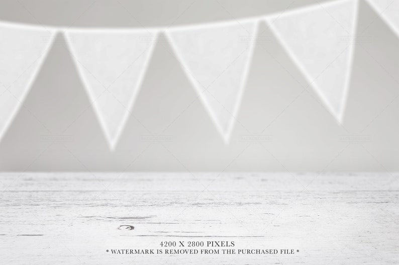 May include: A white wooden surface with a weathered texture sits in the foreground. In the background, a series of white triangular bunting flags are suspended in a row against a plain, light gray wall. The text 4200 X 2800 PIXELS is visible.