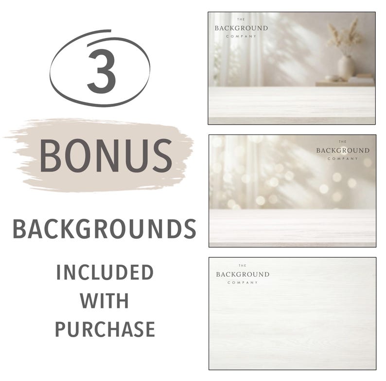 Puede incluir: Una visualizaci&oacute;n de producto digital que presenta el texto 3 BONUS BACKGROUNDS INCLUDED WITH PURCHASE y tres im&aacute;genes de vista previa rectangulares que muestran superficies de madera clara con varios entornos interiores desenfocados y el texto THE BACKGROUND COMPANY.