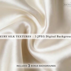 Pode incluir: Close-up de tecido de seda creme com dobras suaves e destaques. A imagem apresenta o texto "LUXURY SILK TEXTURES - 5 JPEG Digital Backgrounds" e "INCLUDES 3 BONUS BACKGROUNDS". O logotipo da The Background Company está no canto superior direito. Fundo digital.