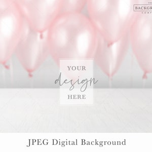 May include: A digital background featuring a white wooden surface in the foreground and soft-focus light pink balloons in the background. A central rectangular frame contains the text YOUR design HERE. The top right corner displays THE BACKGROUND COMPANY.