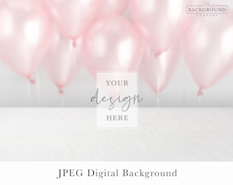 May include: A digital background featuring a white wooden surface in the foreground and soft-focus light pink balloons in the background. A central rectangular frame contains the text YOUR design HERE. The top right corner displays THE BACKGROUND COMPANY.