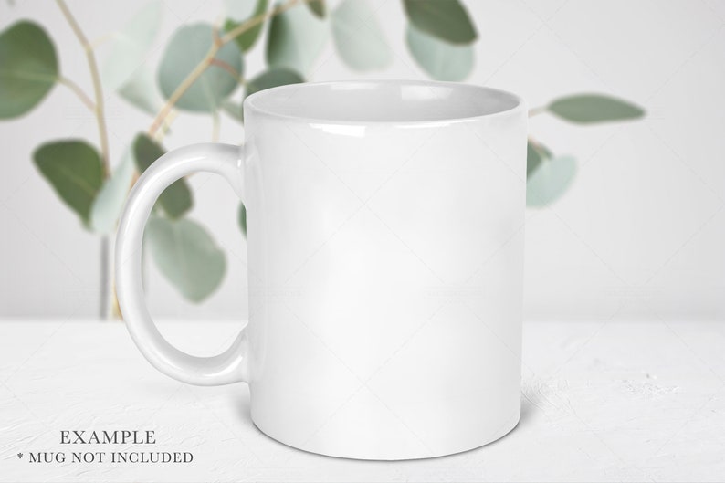 May include: A plain white ceramic mug with a smooth, glossy finish and a curved handle on the left side. The mug features a cylindrical body with a wide opening at the top and a flat base, presented as a blank vessel for customization or display.