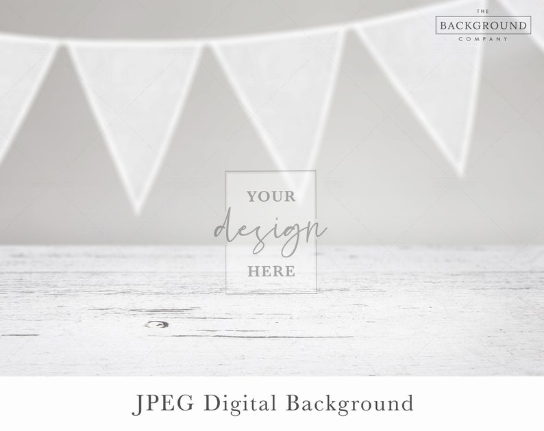 May include: A digital background featuring a white wooden surface in the foreground and a blurred white bunting banner hanging in the background. The center of the image contains a rectangular frame with the text YOUR design HERE.