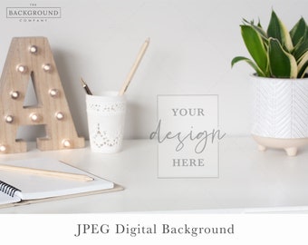 Modern White Desk Background | Desk Mockup | Office Desk Background | Table Top Stock Photo | Desk Close Up | Desk Mockup | White and Beige