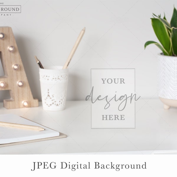 Modern White Desk Background | Desk Mockup | Office Desk Background | Table Top Stock Photo | Desk Close Up | Desk Mockup | White and Beige