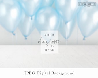 May include: A digital background featuring a white wooden surface in the foreground and a blurred backdrop of light blue balloons. A central rectangular frame contains the text YOUR design HERE, with THE BACKGROUND COMPANY in the top right corner.