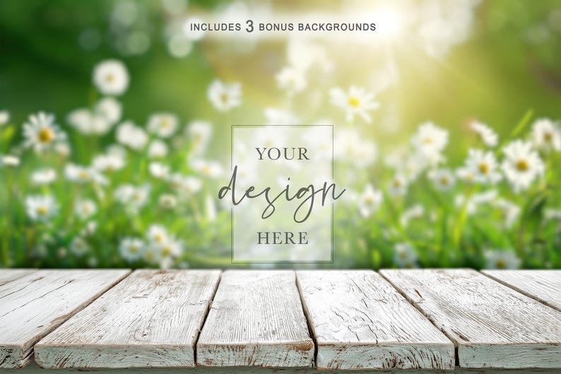Puede incluir: Una superficie de madera blanca desgastada con un marco rectangular que contiene el texto YOUR design HERE, situada frente a un campo desenfocado de margaritas blancas y hierba verde, con el texto INCLUDES 3 BONUS BACKGROUNDS arriba.