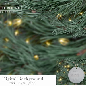 May include: A blurred background image of a green pine tree branch with string lights. The text "THE BACKGROUND COMPANY" is in the upper left corner. A white circle with the text "EXAMPLE ORNAMENT NOT INCLUDED" is in the lower right corner.