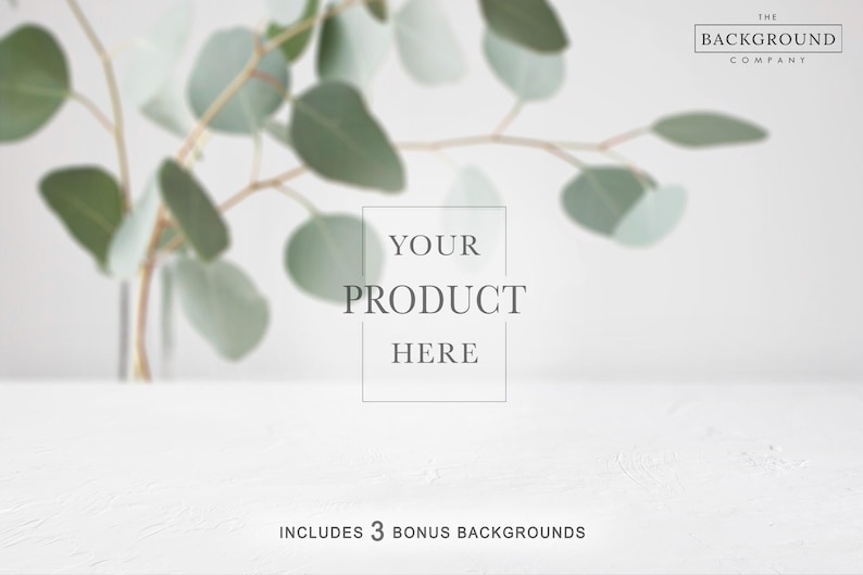 May include: A digital product photography backdrop featuring a white textured surface and a blurred eucalyptus branch in a glass vase. The center contains a rectangular frame with the text YOUR PRODUCT HERE and a logo for THE BACKGROUND COMPANY.