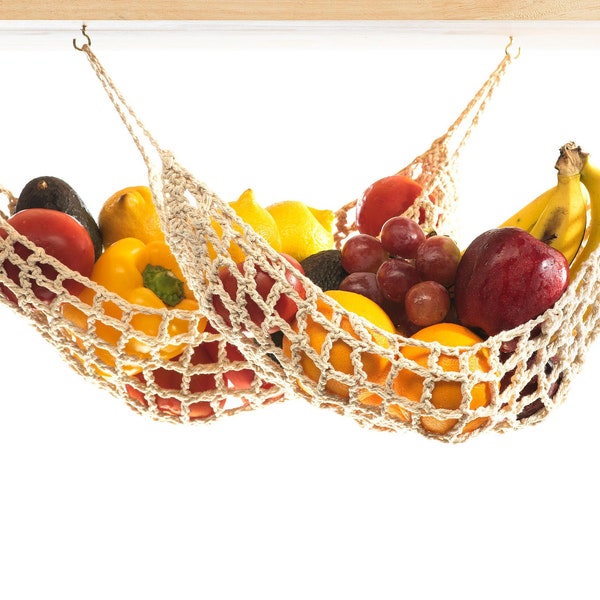 2-Pack Hanging Fruit Hammock Under Cabinet - 2 Unravel Proof Cotton Banana or Vegetable Hammocks That Save Counter Space in Kitchen