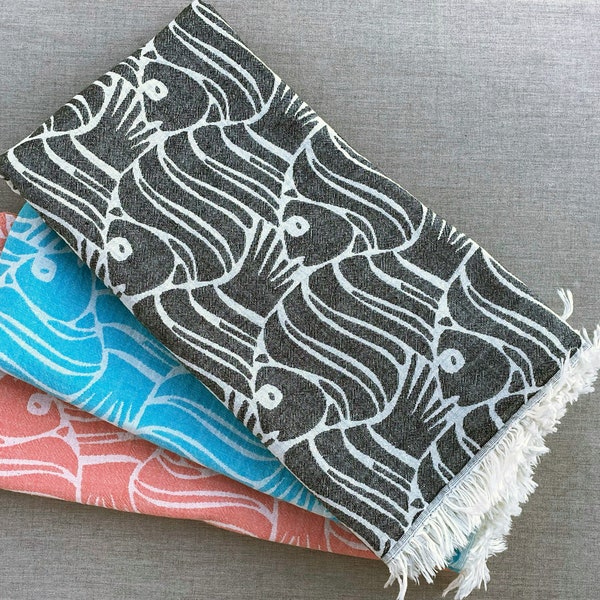 Malibu Pisces hand-woven natural cotton Turkish Peshtemal towel with fish pattern for beach, pool, spa, bath and more