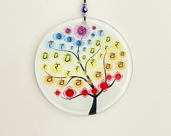 Tree of Life - The seven Chakras hanging wall ornament with Evil Eye bead