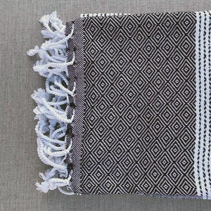 Diamond hand-woven traditional cotton Turkish Peshtemal towel for beach, pool, spa, bath and more Black