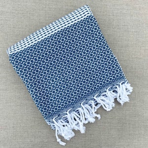 Diamond hand-woven traditional cotton Turkish Peshtemal towel for beach, pool, spa, bath and more Blue mini diamonds