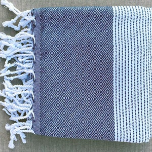 Diamond hand-woven traditional cotton Turkish Peshtemal towel for beach, pool, spa, bath and more Blue