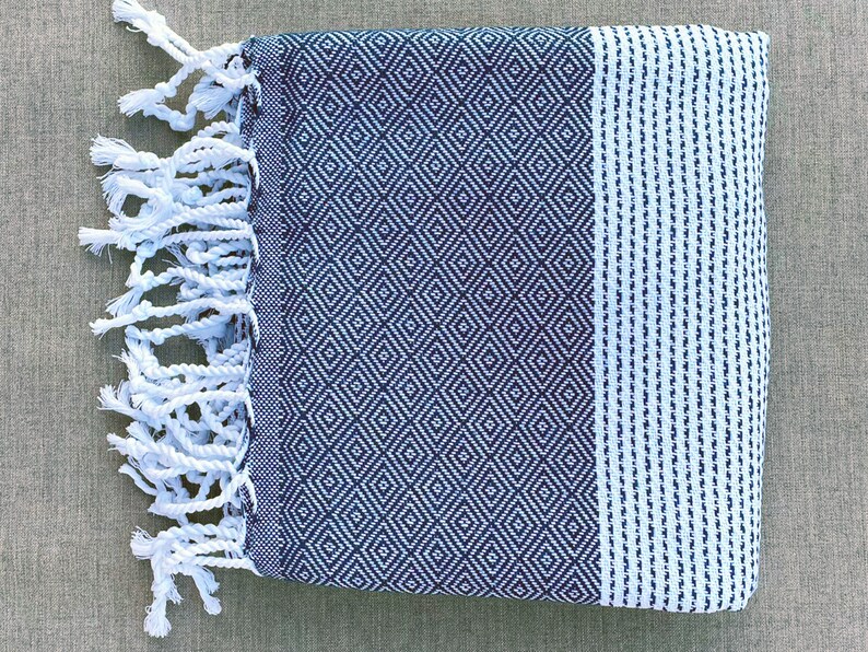 Diamond hand-woven traditional cotton Turkish Peshtemal towel for beach, pool, spa, bath and more Blue