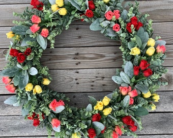 Lambs ear and eucalyptus rose wreath, Mother’s Day gift, housewarming gifts, summer wreath, home decor, wall decor, front door decor.