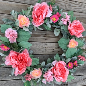 Peony, hydrangea and ranunculus wreath with greenery, spring wreath, summer wreath, year round wreath, front door decor, handmade wreaths