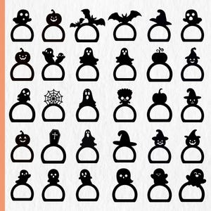 Puede incluir: Colección de diseños negros con temática de Halloween. Los diseños incluyen fantasmas, calabazas, murciélagos, sombreros de bruja y telarañas. Cada diseño tiene una base circular, ideal para manualidades o decoraciones.