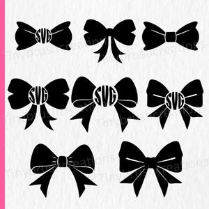 May include: A collection of black bow designs in various styles. Some bows feature a circular monogram with the letters "SVG". The bows are displayed against a white background, with a pink border on the left side.