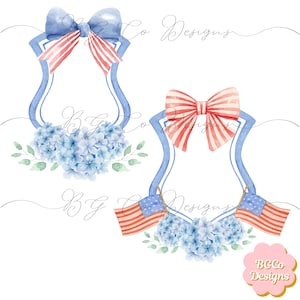 May include: Two blue and white watercolor frames with red, white, and blue bows. The top frame has a bouquet of blue hydrangeas. The bottom frame has two American flags and a bouquet of blue hydrangeas.