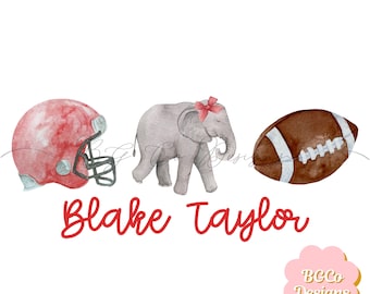 May include: A watercolor illustration of a red football helmet, a gray elephant with a red bow, and a brown football. The text "Blake Taylor" is written in red below the illustration. The text "BGCo Designs" is written in white on a pink circle in the bottom right corner.