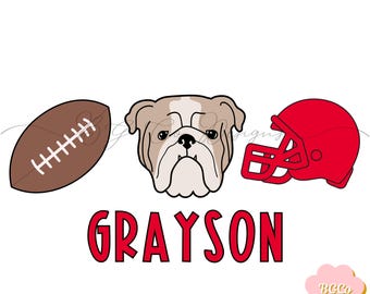May include: An illustration of a bulldog in red, white and brown colours, with a football and a red football helmet. The text "GRAYSON" is below the illustration.