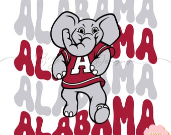 May include: A cartoon elephant wearing a red and white jersey with a large 'A' on the front. The elephant is standing on a white background with the word 'ALABAMA' repeated in a stylized font.