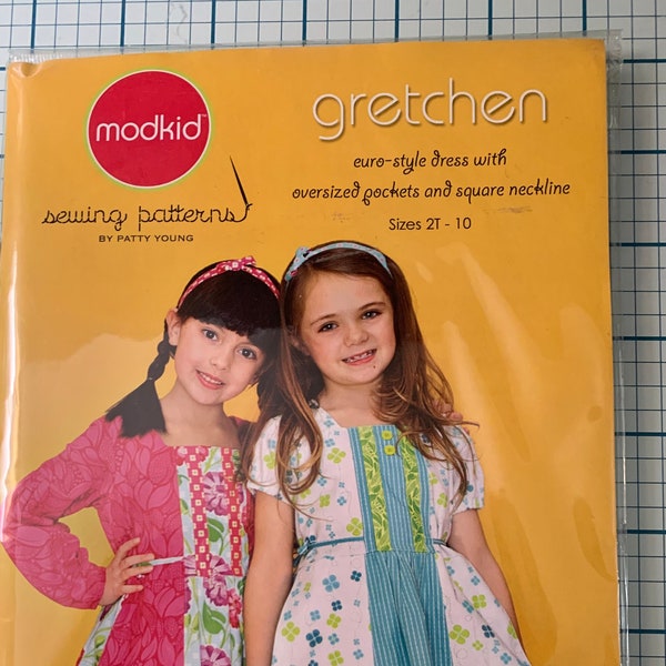 Modkid Sewing Pattern – Gretchen Euro-style dress with oversized pockets and square neckline – Sizes 2T – 10