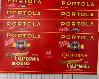 Authentic Squid/Calamare Can Labels from Cannery Row, Monterey, CA – Quantity of Ten - Vintage