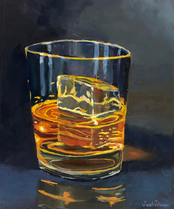Scotch Bourbon Whiskey in Glass on Ice Oil Painting Print Etsy