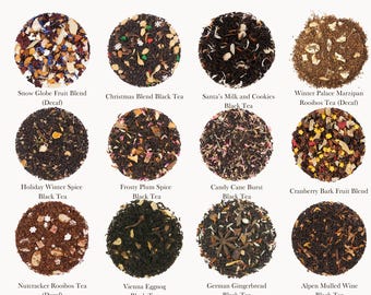 May include: An overhead shot showcases twelve tea options, each in a circular arrangement. The teas vary in color and composition, including blends like Snow Globe Fruit, Christmas Blend, and Santa's Milk and Cookies. Text at the top reads "Tea Options:" and the bottom has the Instagram handle @teaandcoffeeexchange.