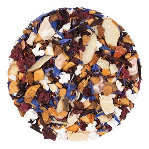 May include: A close-up of a blend of loose leaf tea with dried fruit, flowers, and spices. The tea includes dried apple, pineapple, hibiscus, cornflower petals, and almonds.