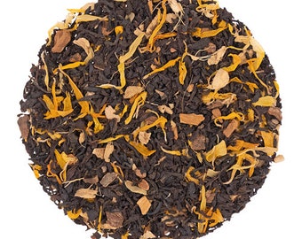 May include: A close-up of a blend of black tea leaves, orange peel, and cinnamon sticks. The tea is loose leaf and ready to be brewed.