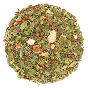 May include: A close-up of a blend of dried herbs, fruits, and spices for tea. The mix includes green leaves, orange peel, cinnamon sticks, and red flower petals.