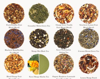May include: A collage of 12 different tea blends, each displayed in a circle with a white background. The tea blends are labeled with their names and whether they are decaffeinated. The names include: Peach Paradise Fruit Blend (Decaf), Cucumber Melon Green Tea, Orange Grove Vanilla Fruit Blend (Decaf), Strawberry Lemon Fruit Blend (Decaf), Blueberry Bang Rooibos Tea (Decaf), Mango Mist Black Tea, Sweet Watermelon Oolong Tea, Coconut Dream Green Tea, Blood Orange Fruit Blend (Decaf), Sweet Mango Matcha Tea, Organic Raspberry Lemonade Fruit Blend (Decaf), and Lemon Mango Punch. The text "@teaandcoffeeexchange" is at the bottom of the collage.