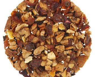 May include: A close-up of a blend of dried fruit and tea leaves, including orange peel, apple pieces, and red berries. The mixture is a vibrant mix of brown, orange, and red hues.