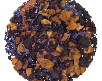May include: A close-up of a blend of dried fruit, flowers, and berries for making tea. The mix includes dried apple, blueberries, hibiscus, and cornflower petals.
